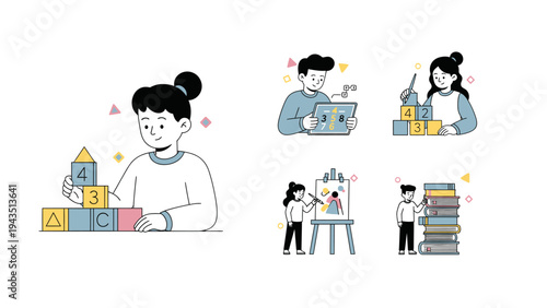 Creative Children's World: A collection of illustrations showcasing children engaged in various activities, each capturing the essence of learning and imagination. 