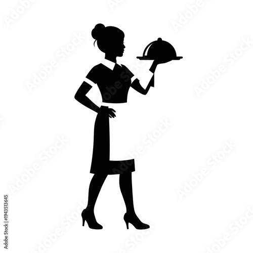 Silhouette of female waiter carrying tray.
