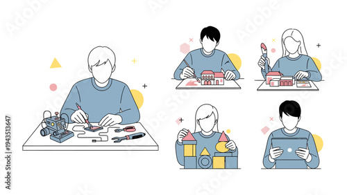 Crafting Dreams: Five individuals find joy in the art of creation, each engaged in unique projects like crafting miniature houses, assembling robotics, and exploring digital interfaces.