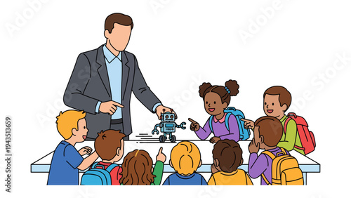 Robotics Class Interaction: A teacher introduces a small robot to a group of engaged students in a classroom, sparking curiosity and interaction in the field of science.
