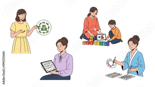 Learning and Creation: Various women are involved in learning and creation in the art. showing inspiration and creative creation.