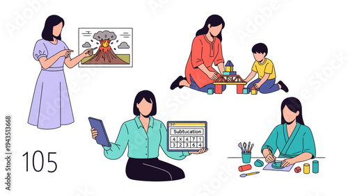 Mother's Daily Routine: A woman engages in a variety of activities including teaching, playing, working, and creative pursuits, illustrating the diverse roles of a modern mother.
