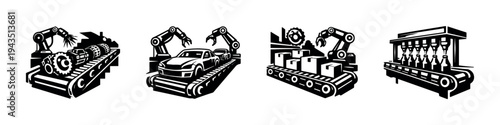 Industrial conveyor belt robots silhouette set with gears and machinery elements