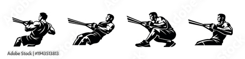 Illustration of athletic man exercising with resistance bands in vector silhouette style