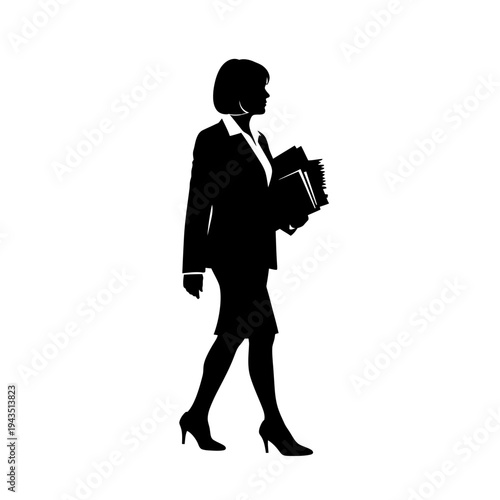 Businesswoman walking with briefcase and files.
