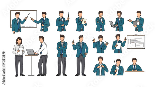 Business Presentation Illustrations: An assortment of business people are demonstrating various professional roles, including presenting, working, and engaging with technology.