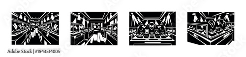 Black and white jewelry store interior silhouette illustration set