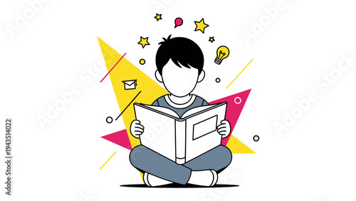 Child's World of Imagination: A child immersed in a book, his imagination takes flight, surrounded by vibrant shapes and symbols of knowledge and inspiration.