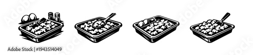 Black and white vector illustration of casserole dishes with kitchen utensils