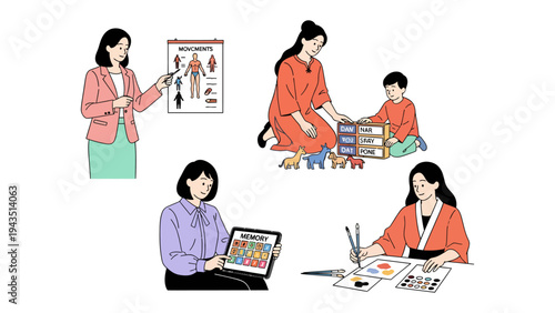 Teaching and Learning Moments: A collection of educational illustrations that depicts the role of an educator in child development and learning, demonstrating diverse methods and activities.