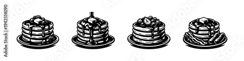 Vector illustration of pancake stack with various toppings in black and white silhouette