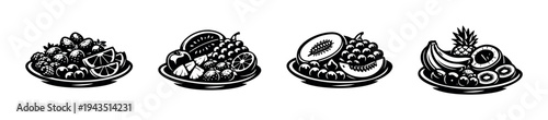 Black and white fruit bowl collection vector illustration featuring various fruits