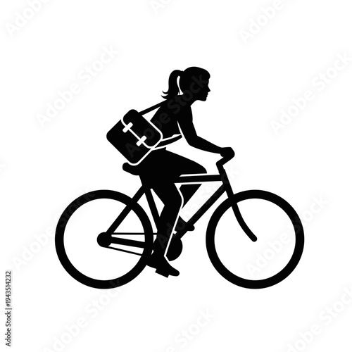 Woman Riding Bicycle with Backpack.