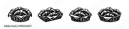 Black and white croissant basket vector illustration set, silhouette style