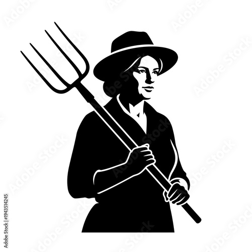 Woman Holding Large Farm Pitchfork Tool.