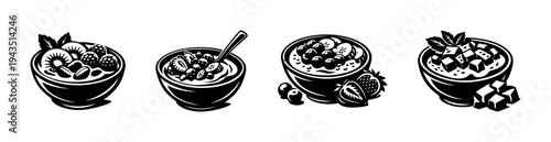 Black and white vector illustrations of fruit topped yogurt bowls in silhouette style