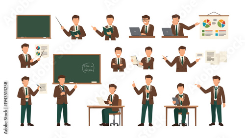 The Educator's Toolkit: A collection of illustrations showcasing a teacher in various classroom and presentation scenarios.