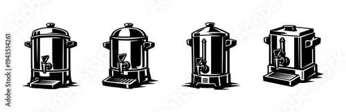 Set of four vintage coffee urn illustrations in black and white silhouette style