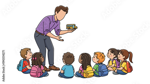 School Time Tales: A teacher captivates a class of attentive children with a miniature school bus, inviting them into a world of learning and wonder.