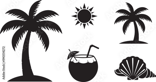 Tropical Vacation Icons with Palm Trees and Summer Drinks