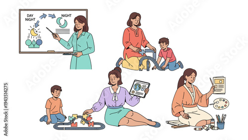 Nurturing Minds and Shaping Futures: A collection of images portraying a woman's different activities as educator and activities with children. The scene captures moments of learning, teaching.