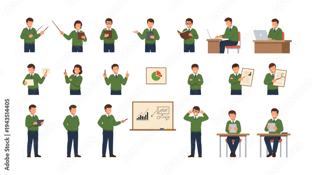 Fototapeta premium The multifaceted professional: Dynamic collection of illustrations showcases a male, person engaged in a diverse array of professional activities, ideal for a variety of business-related uses.