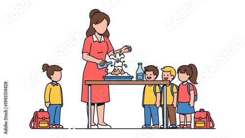 A Teacher's Lesson: A caring educator, surrounded by her attentive students, engages them in an interactive learning experience with the ingredients for science.