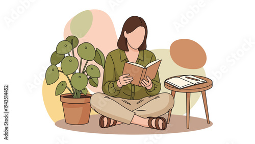 Cozy Reading Moment: A woman, lost in the pages of a book, sits cross-legged in a serene space, surrounded by a potted plant and a small table with a notebook.