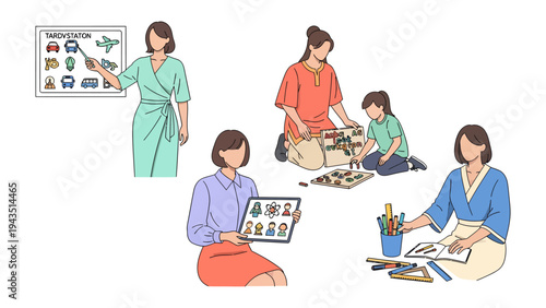 Education and Activities: Illustration showing teachers guiding children through diverse educational and recreational activities, fostering creativity, learning, and skill development.