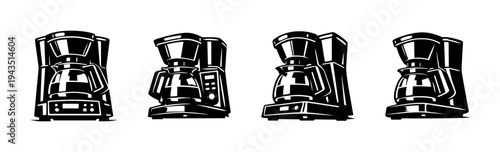 Black and white coffee maker vector silhouette set of four, retro kitchen illustration