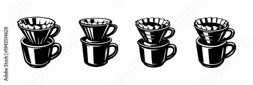 Black and white vector illustration of coffee dripper and mug silhouette set