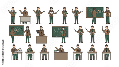Teacher Illustration Collection: A comprehensive collection of illustrations, each depicting a male teacher in diverse poses. Ready to enrich projects related to education, communication.