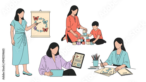 Moments of Nurturing: Depicts tender moments of maternal care and education, showcasing nurturing acts and learning. 