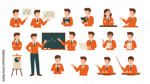 Business Presentation Set: Collection of business professional in various poses, presenting and explaining concepts. perfect for showcasing work or educational concepts.