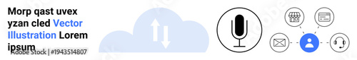 Cloud computing, data transfer, communication, voice recognition, network services, customer support. Cloud with upload-download arrows, microphone and user connection icons. Cloud computing