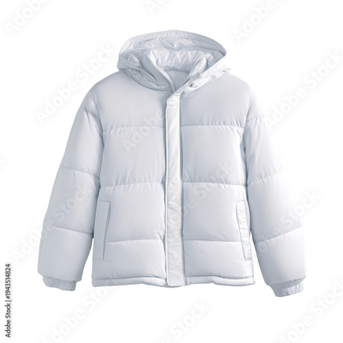 White Puffer Jacket with Hood and Zipper on a Transparent Background. Isolated Clipart Digital Design Asset High Resolution Png
