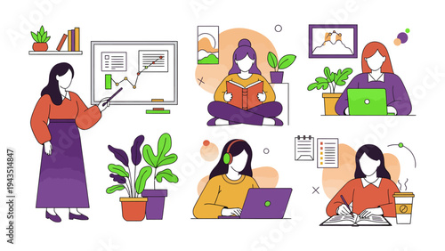 Daily Life Routine Illustration: Capturing a woman in daily life, like presenting a presentation, reading a book, using laptop, using a head phone, writing note and drinking coffee.