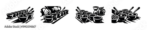 Black and white coffee tasting cups and spoons silhouette vector illustration