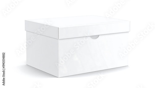 A simple, rectangular white box with a slightly raised lid, viewed from a three-quarter angle on a white backdrop. Slight shadow