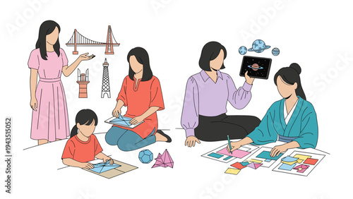 Architectural and Artistic Endeavors: A collective of artistic individuals, spanning different generations, engages in creative projects, from sketching cityscapes to exploring astronomical concepts.