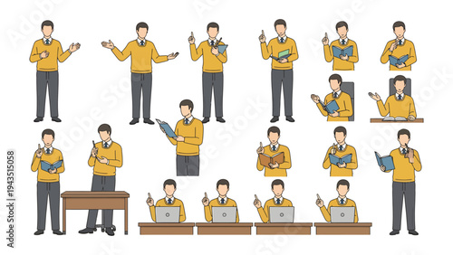 Professional Communication: A series of illustrations capturing a man engaged in a variety of business-related actions, highlighting professional communication.