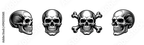 Skull illustrations set with crossbones in black and white vector style
