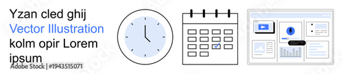 Time management, scheduling, productivity tools, digital planning, project management, organization. A clock, calendar and web dashboard. Time management and scheduling resources concept