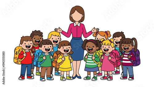 Friendly Faces in Education: A caring teacher surrounded by a diverse group of young students. Capturing the essence of learning and nurturing.