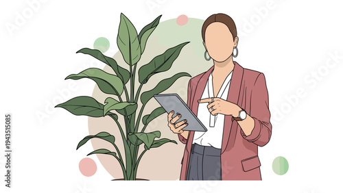 Business Woman with Tablet and Plant: A focused businesswoman, styled in a professional aesthetic, examines the tablet's screen near a flourishing potted plant.