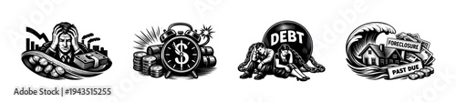 Black and white vector illustrations depicting financial stress and economic challenges