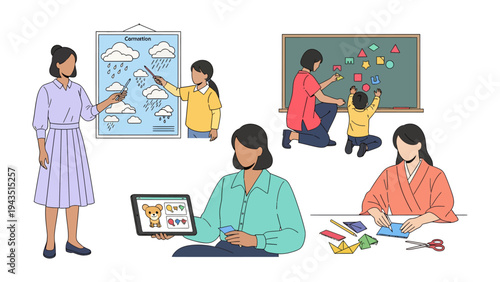 Teaching moments: a collection of illustrations depicting a nurturing environment for children, with teachers guiding them through various learning activities.