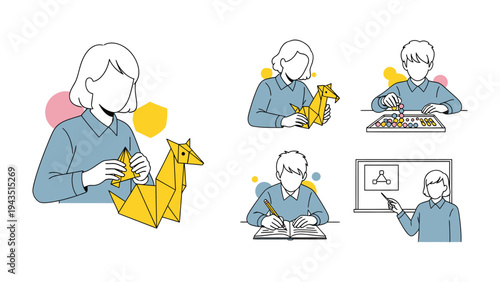 Creative Pursuits: A collection of illustrations showcasing various artistic and educational endeavors, including paper art, animal sculpture. A showcase of skill and imagination.