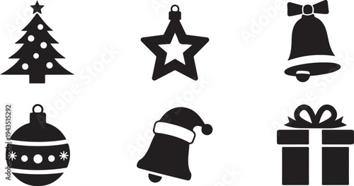 Christmas icons and symbols in black and white colors
