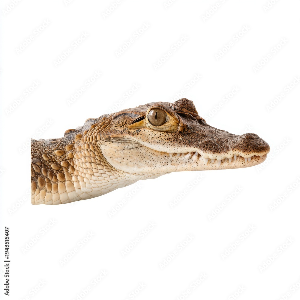 Fototapeta premium Close-Up Portrait of a Crocodile Head with Detailed Texture and Expression on a Solid White Background